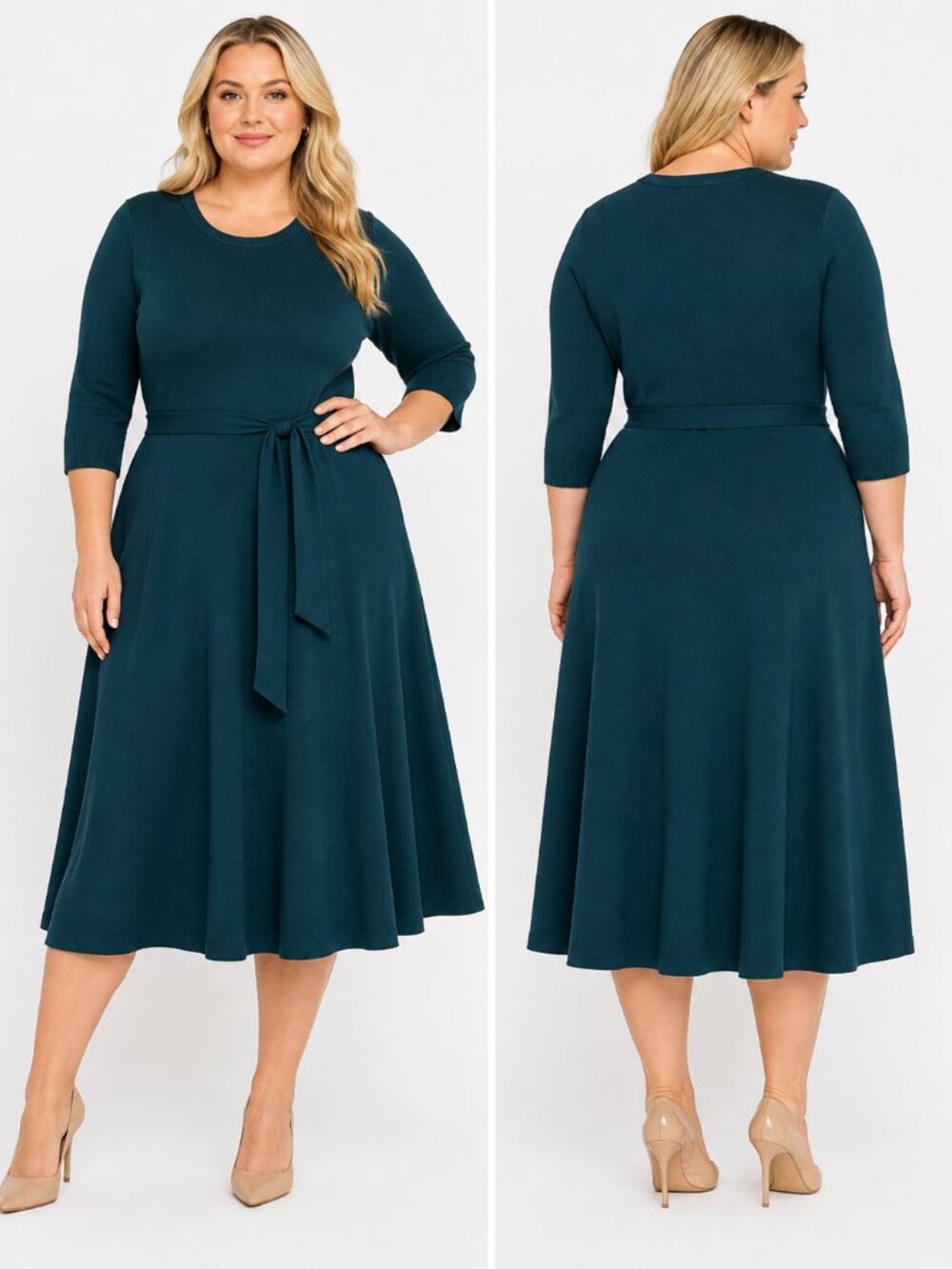 Eliza J Fit & Flare Knit Midi Dress Women 1X Teal 3/4 Sleeve Tie Waist Elegant